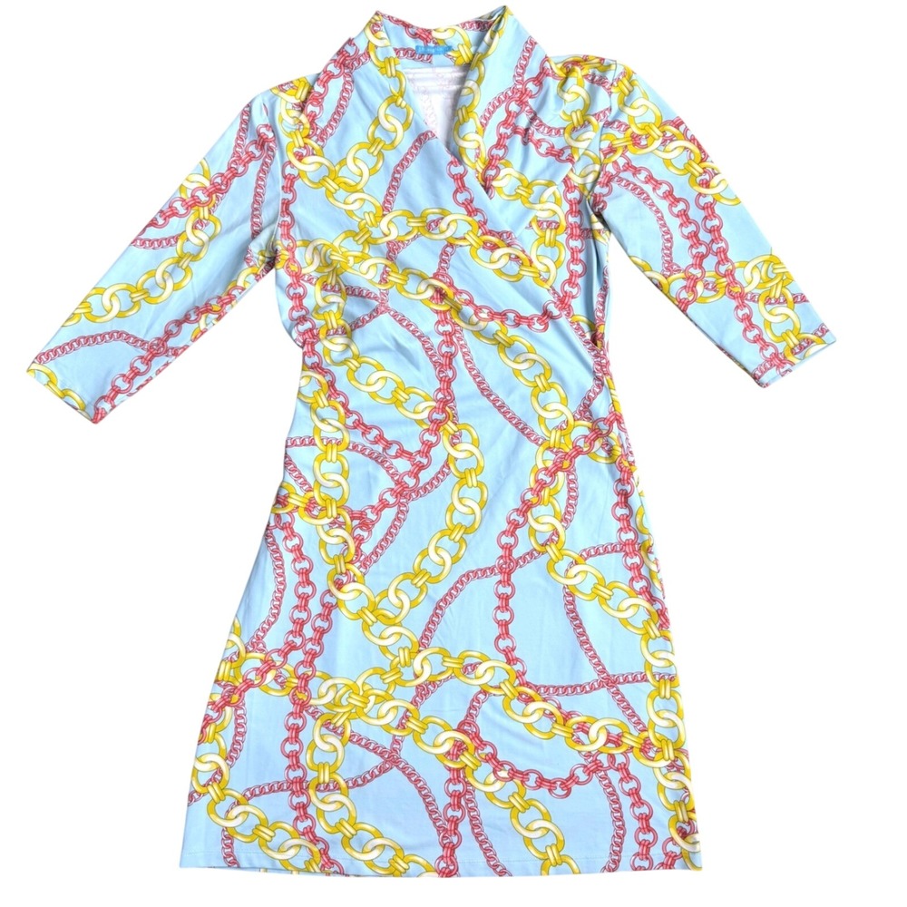 J.McLaughlin Wrap Dress Light Blue Chain Link Women Size S Quiet Luxury
Preppy